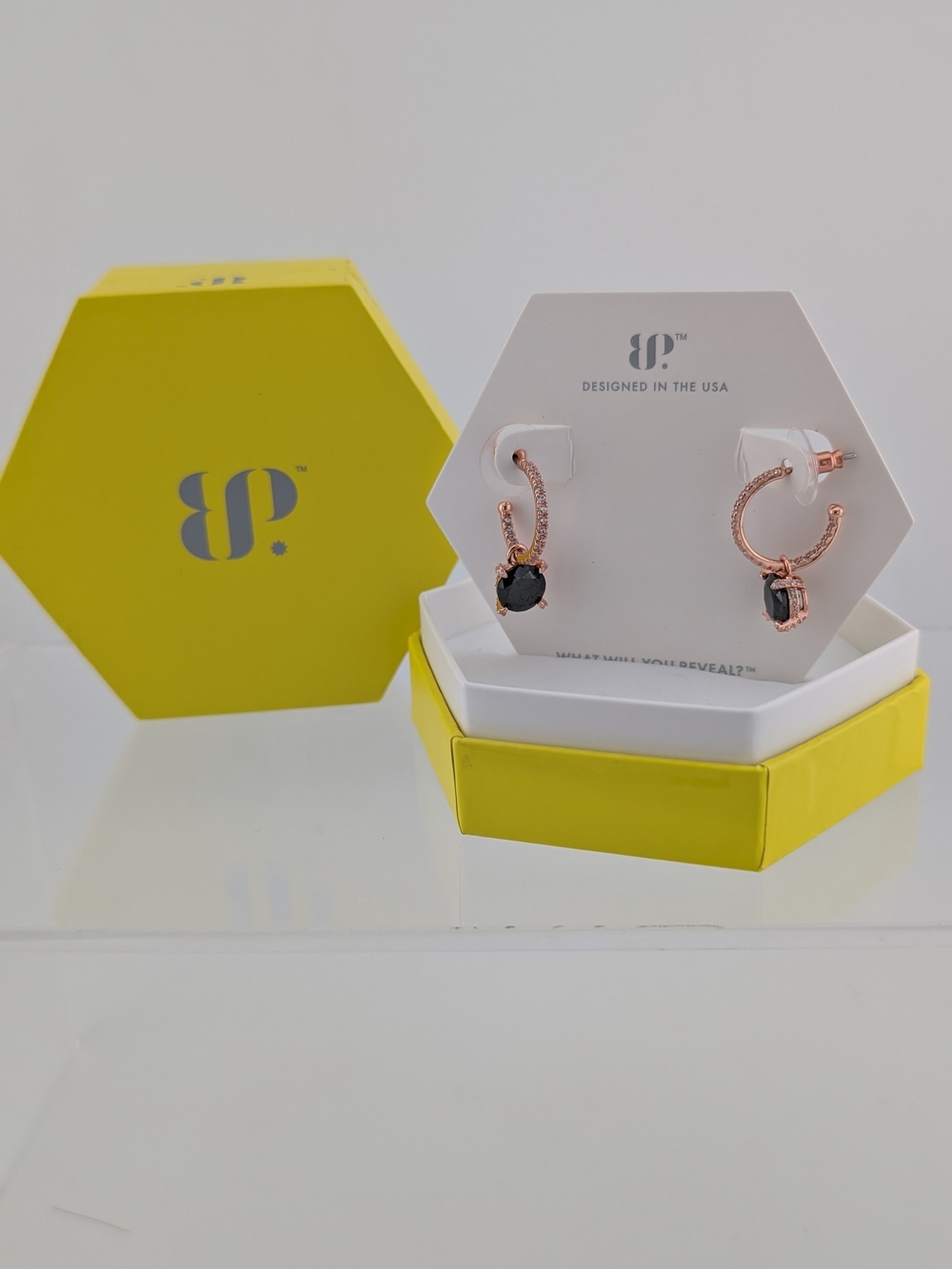 Rose Gold Hoop Earrings with Black Gemstone Drop by BP